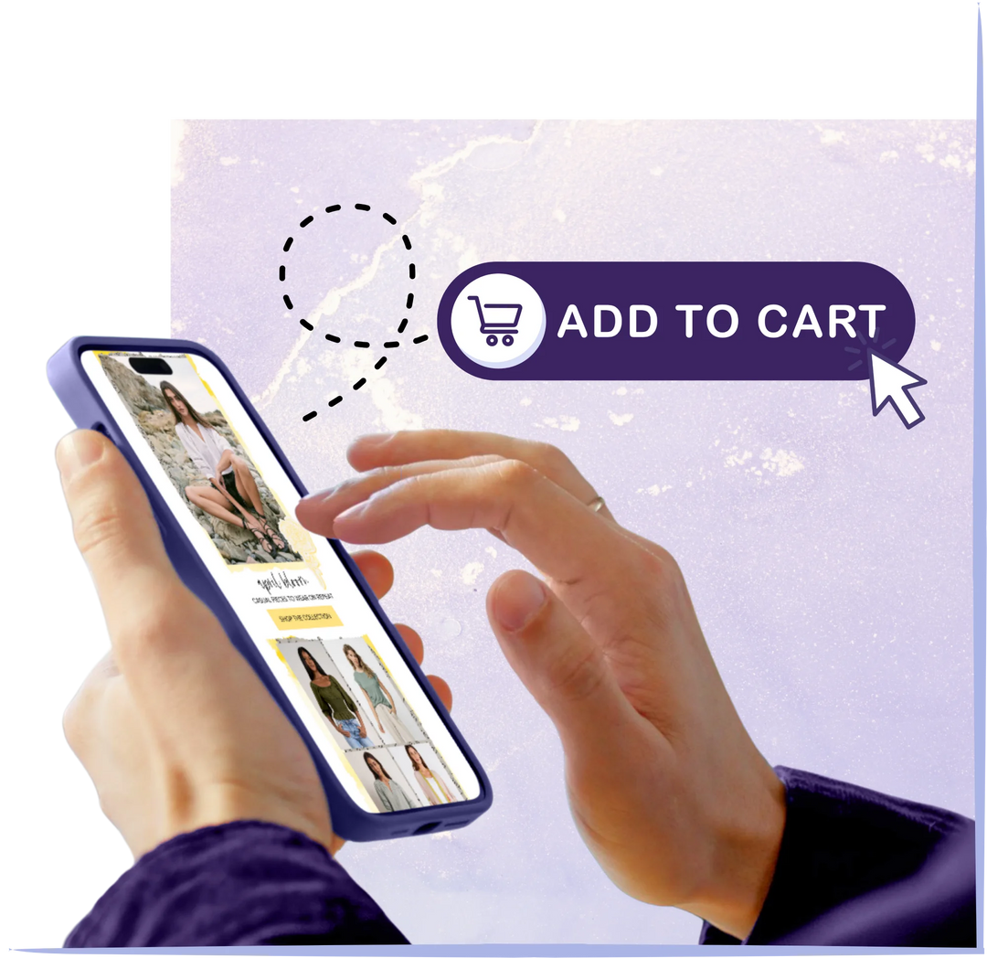 Hands holding a cell phone with an add to cart CRTA. email marketing image CJC Dynamic Solutions.