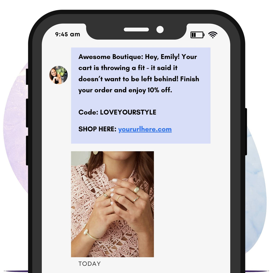 Awesome boutique: hey Emily! Your cart is throwing a fit - it said it doesn't want to be left behind! Finish your order and enjoy 10% off. Code LOVEYOURSTYLE. Shop here: yoururlhere.com