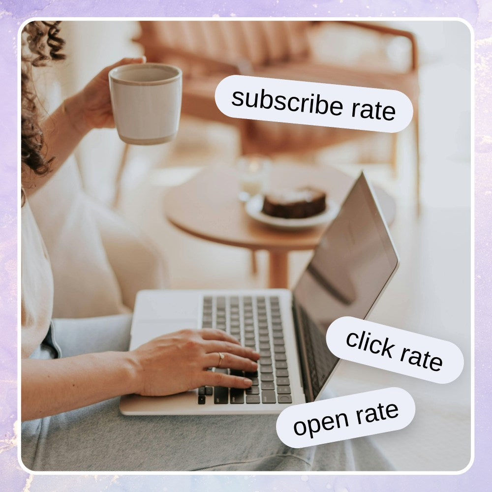 Person using a laptop with coffee, with text showing email metrics including subscribe rate, click rate, and open rate.