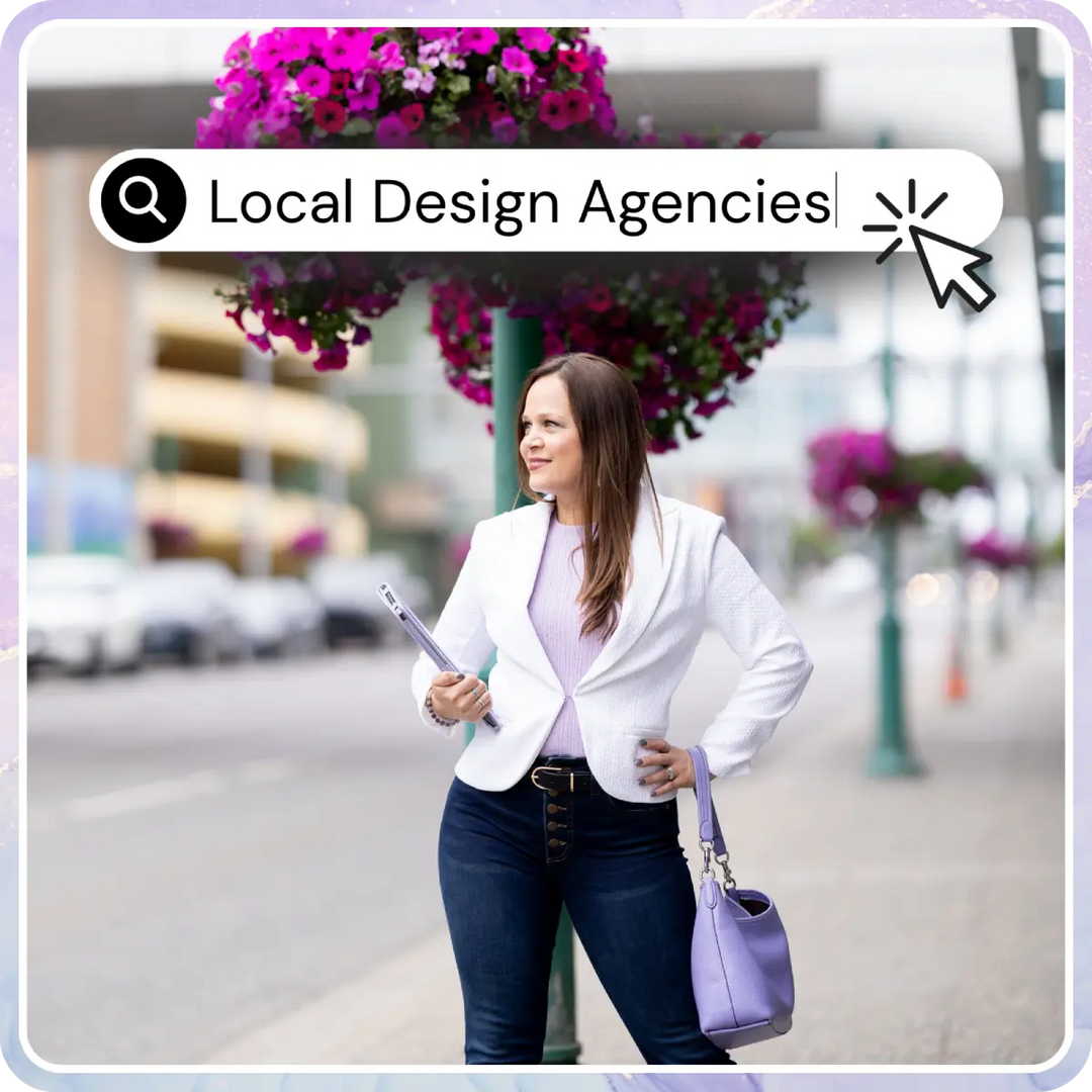 Woman standing on a city sidewalk holding a laptop beneath hanging flowers and a search bar graphic.